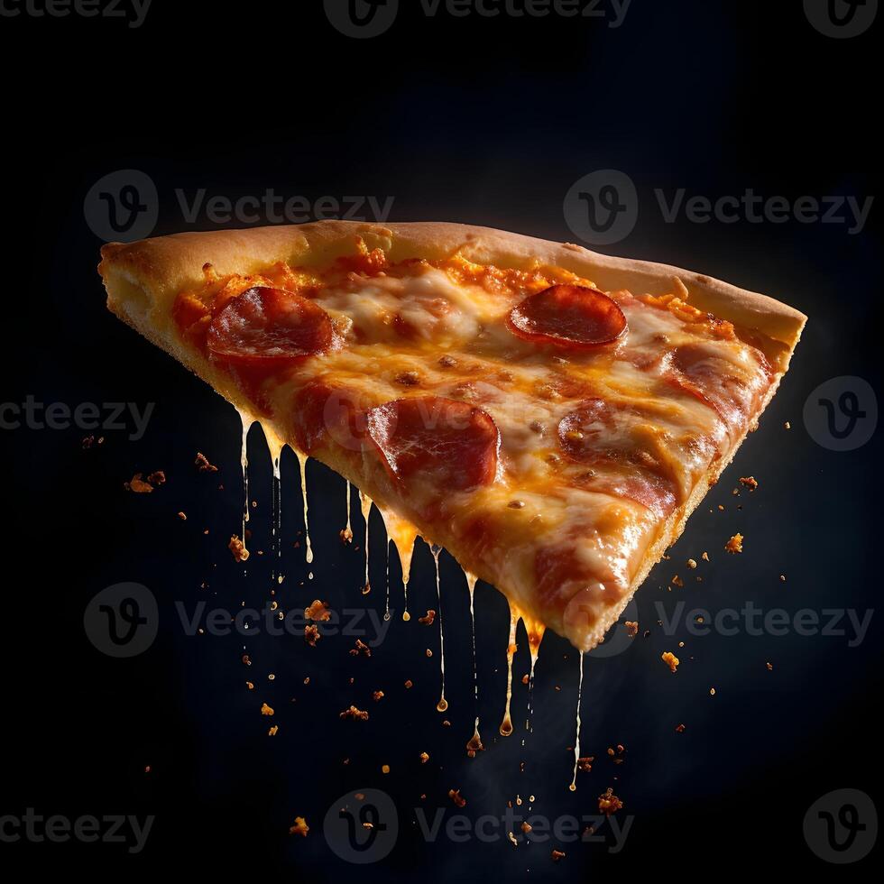 Pizza slice and hot pizza on black background, generative AI photo