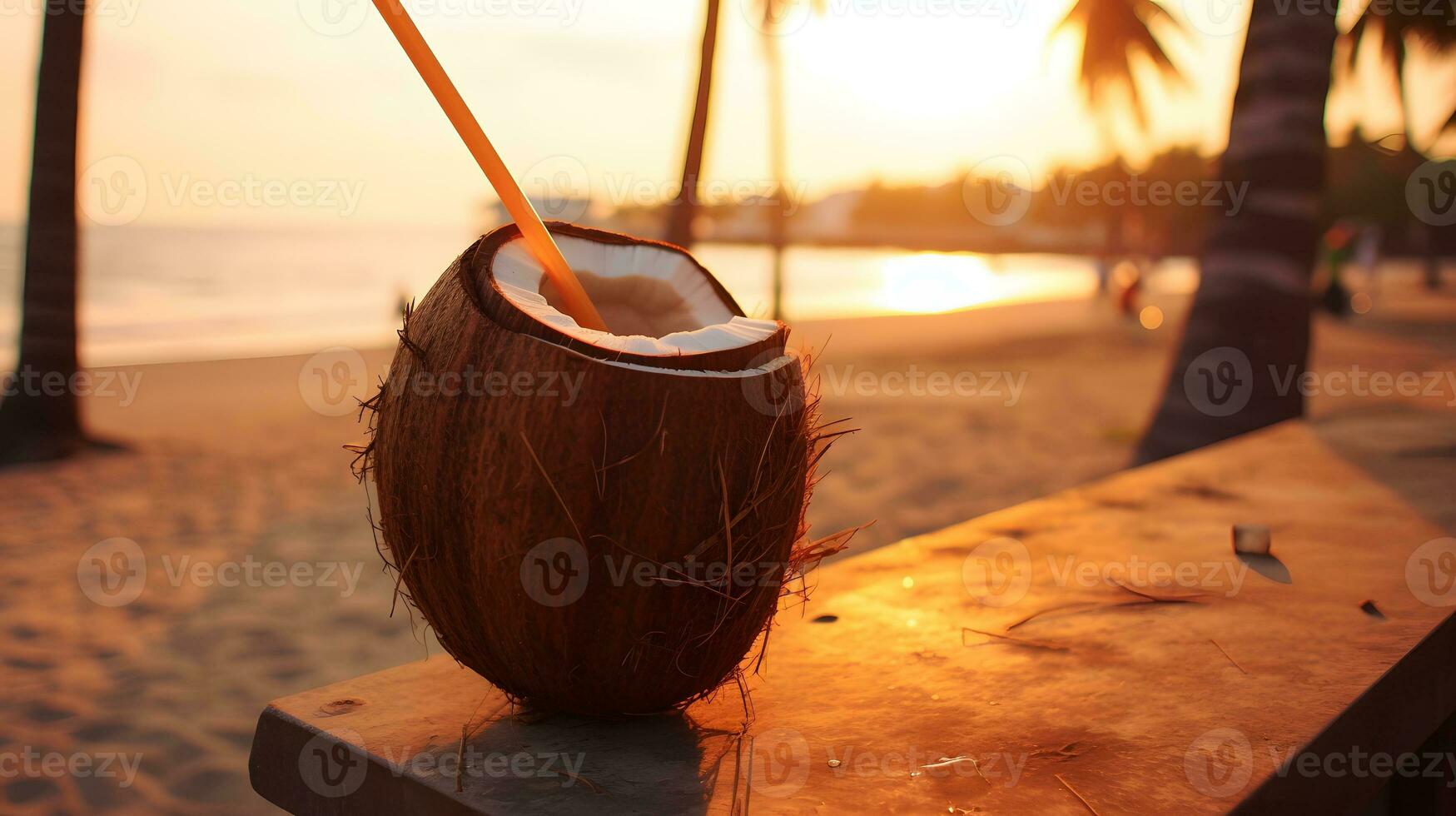 Coconut drink with straw on the beach. photo