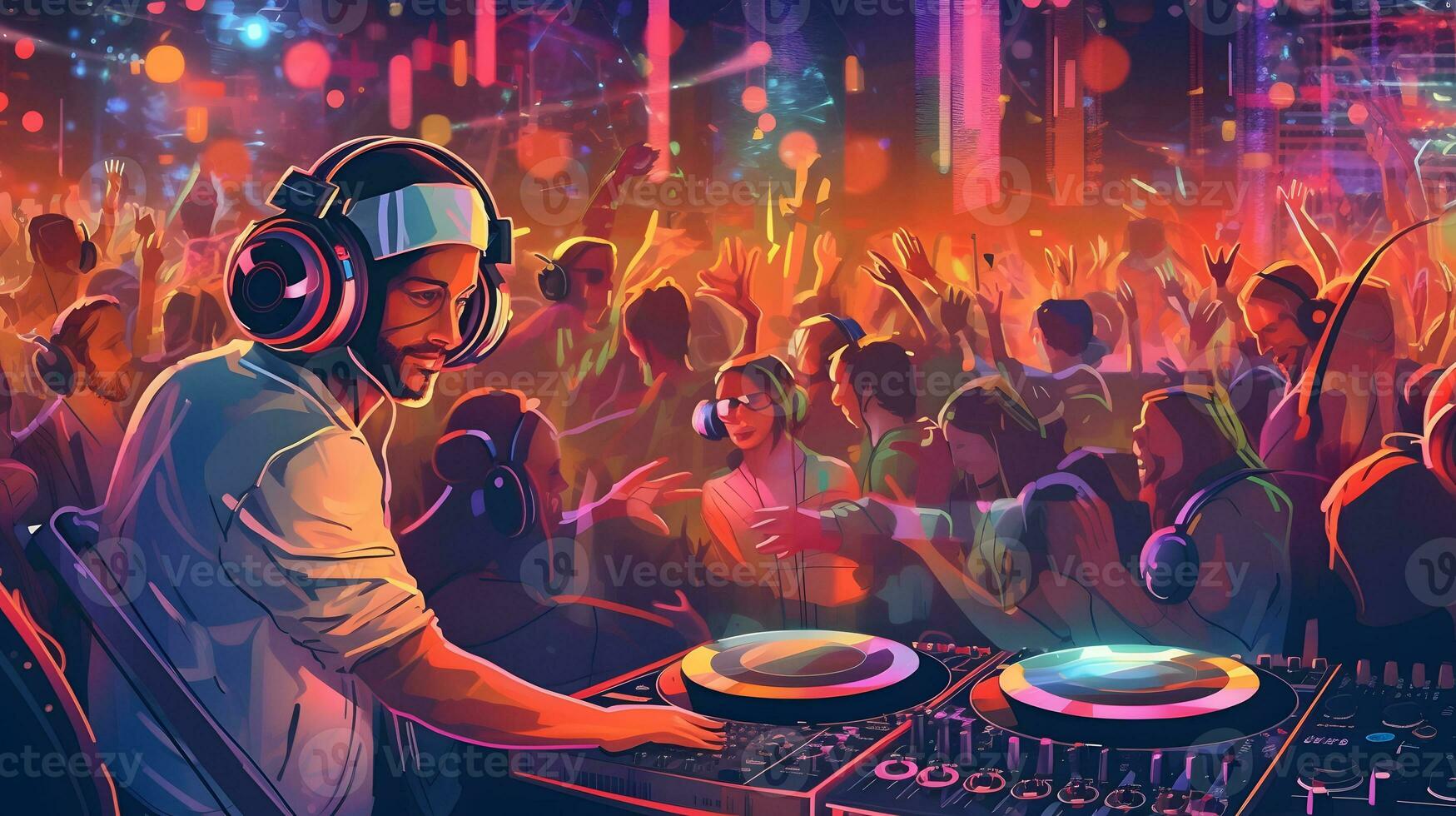 DJ plays at nightclub during party. EDM, party concept. photo