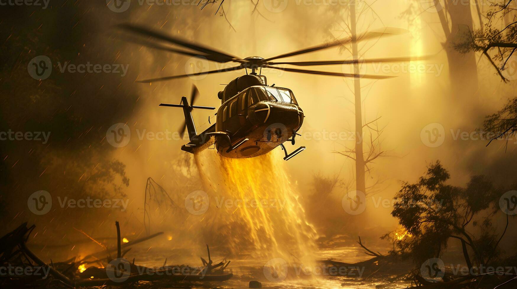 Fire fighting helicopter carry water bucket to extinguish the forest fire photo