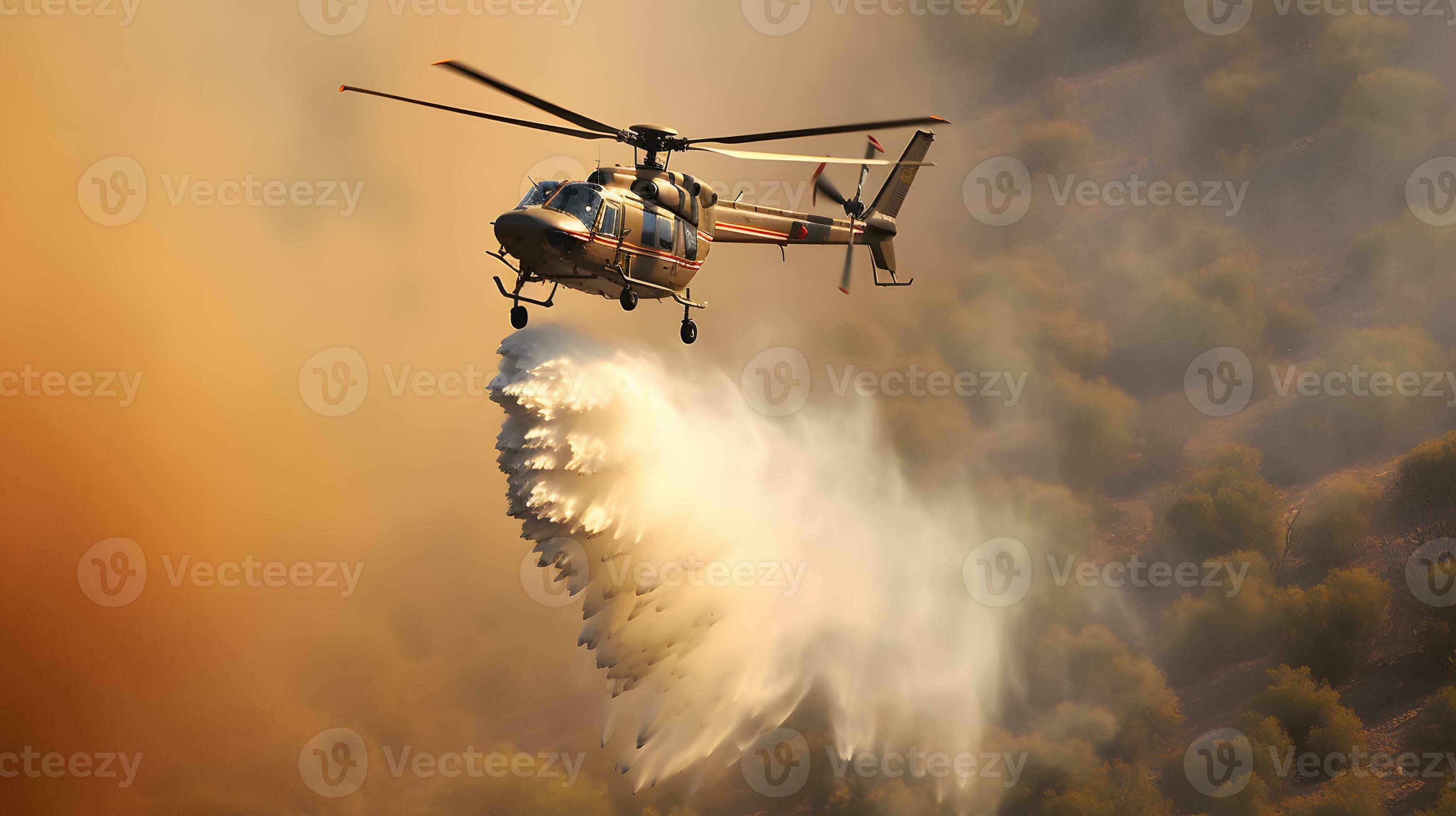 Fire fighting helicopter carry water bucket to extinguish the forest