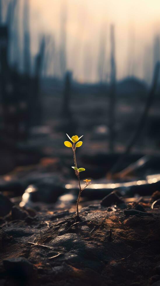 The close-up of young green sprout after fire. photo