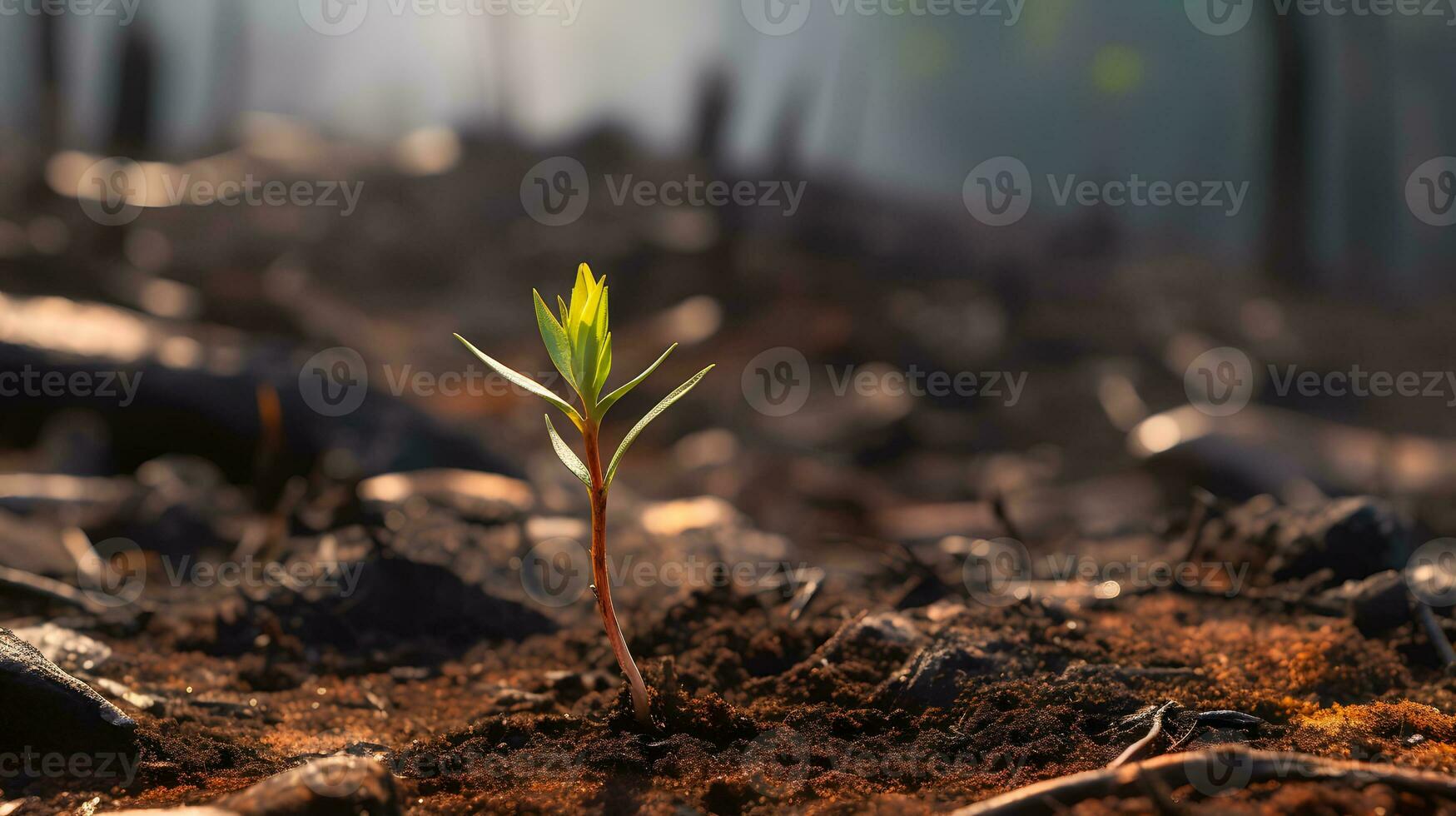 The close-up of young green sprout after fire. photo