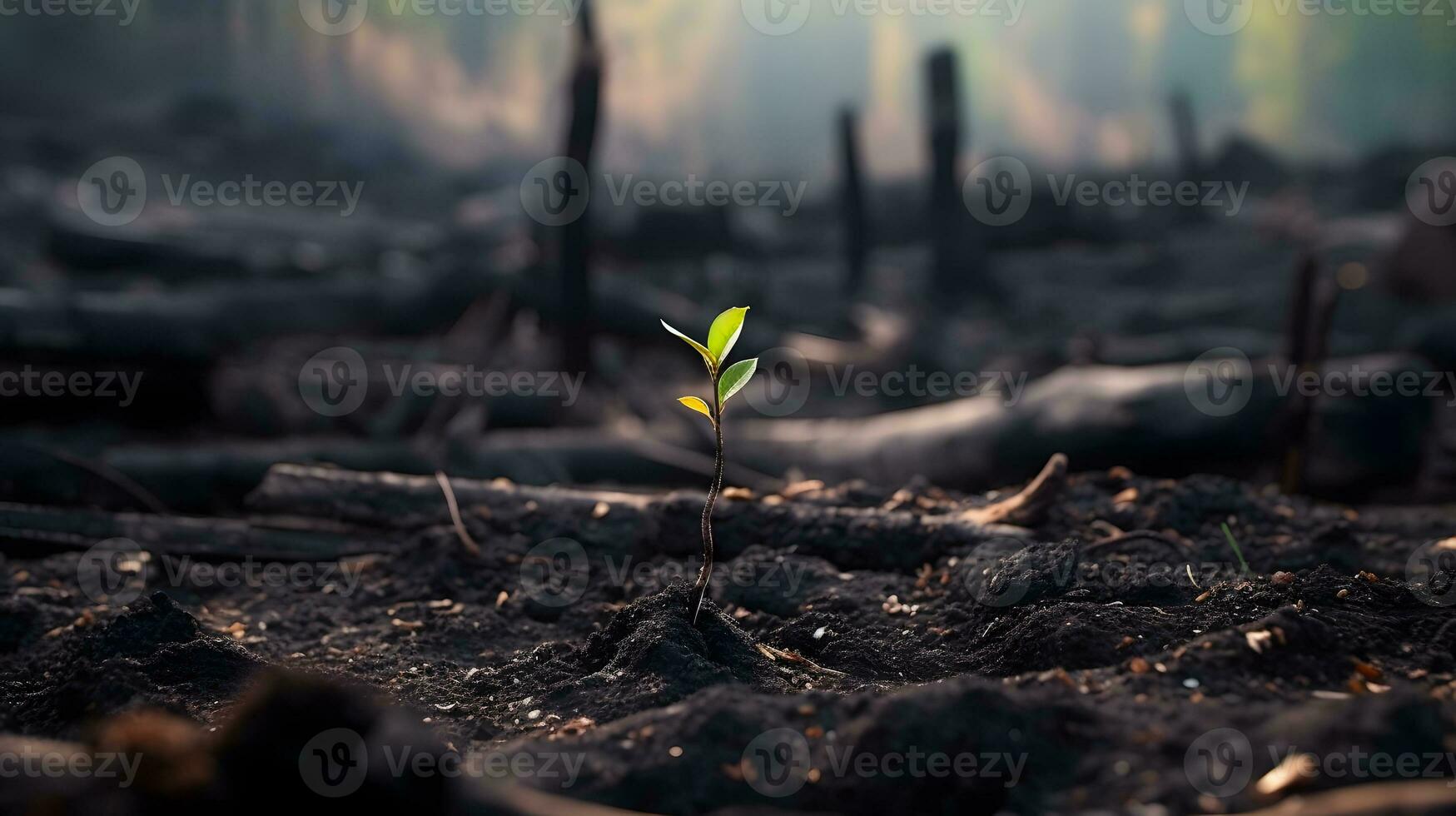 The close-up of young green sprout after fire. photo