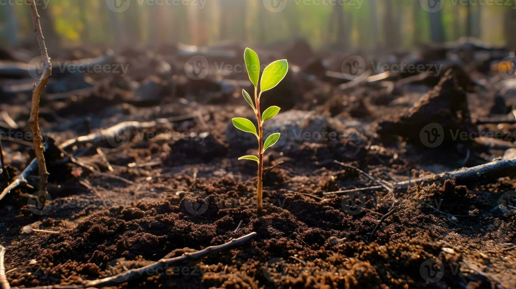 The close-up of young green sprout after fire. photo