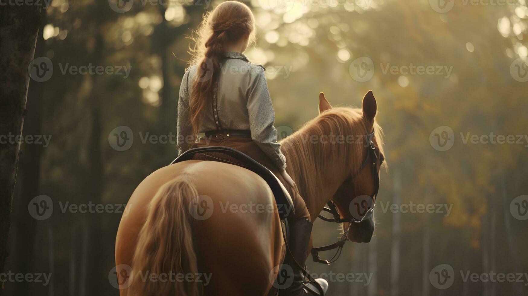 caucásico mujer y caballo formación durante puesta de sol foto