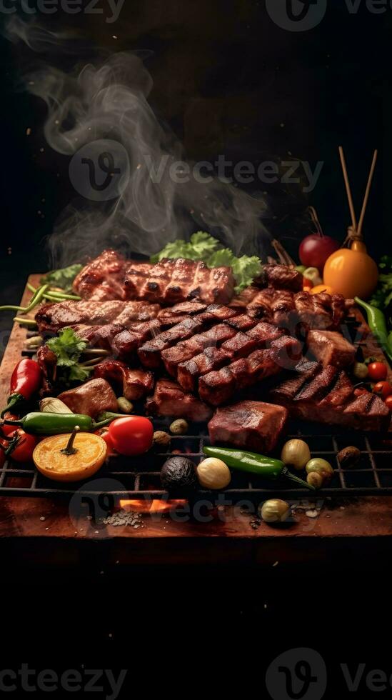 Beef steaks and vegetables on the grill with flames. Barbecue. photo