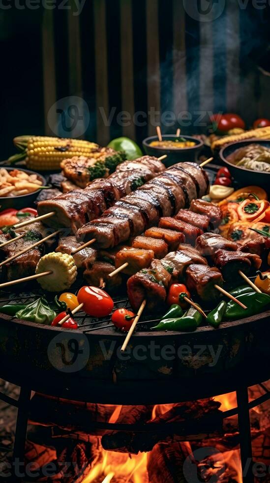 Beef steaks and vegetables on the grill with flames. Barbecue. photo