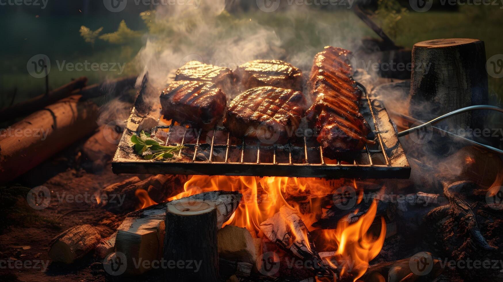 carne de vaca filetes y vegetales en el parrilla con llamas parilla. foto