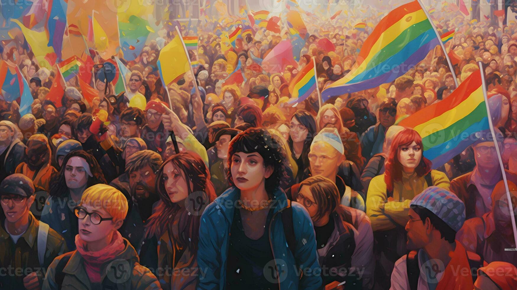 abstract illustration of people with rainbow lgbt pride parade concept photo