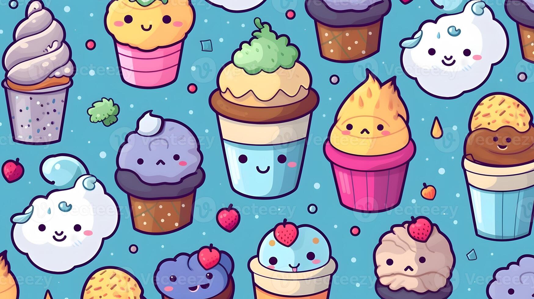 cute cartoon ice creams on white background in japan kawaii style photo