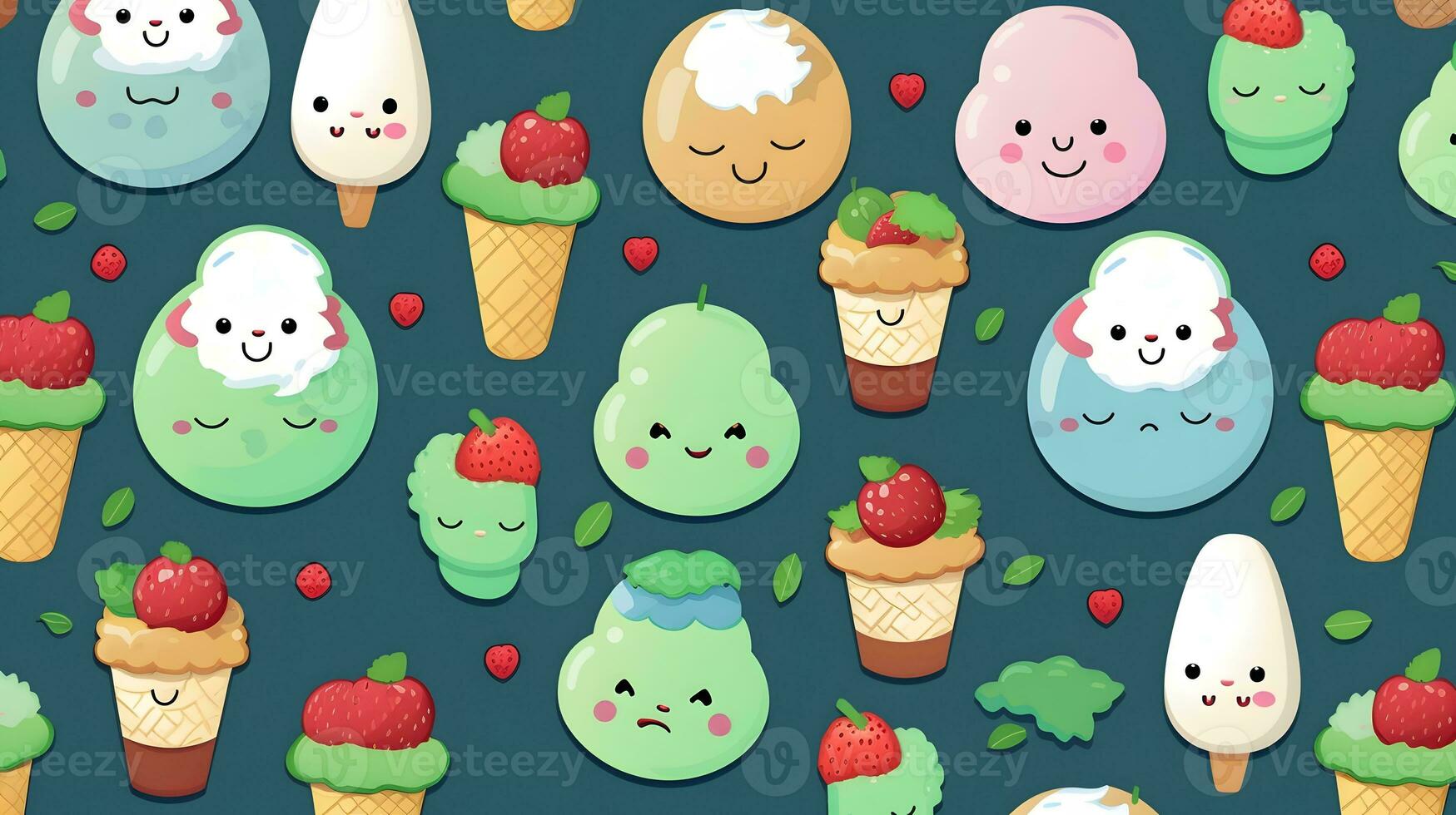 cute cartoon ice creams on white background in japan kawaii style photo