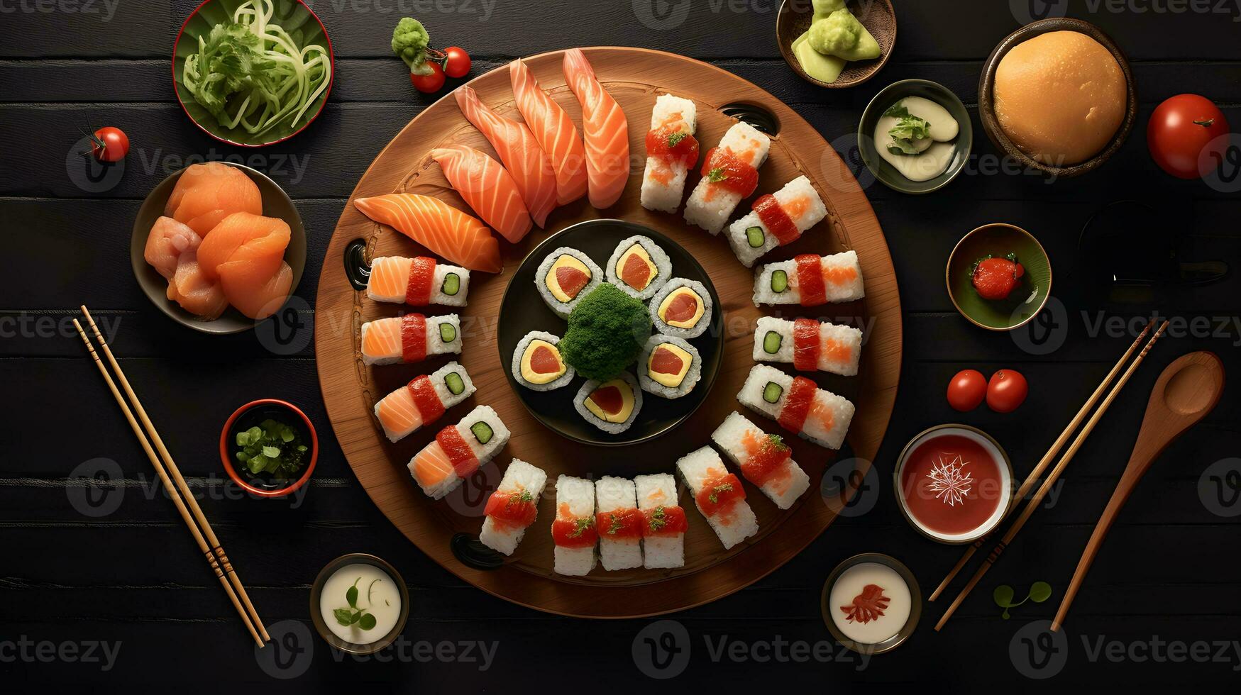 Overhead japanese sushi food. photo