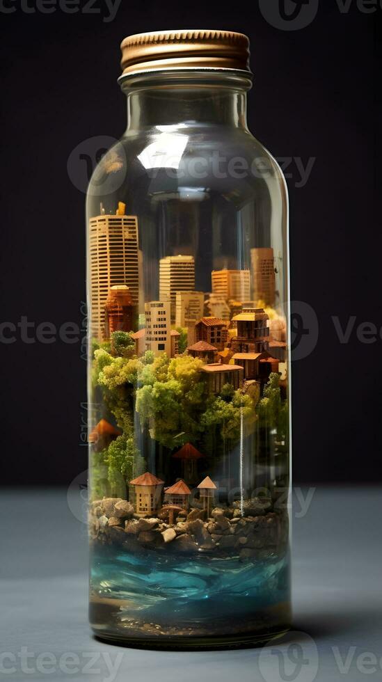 miniature city in a glass bottle photo