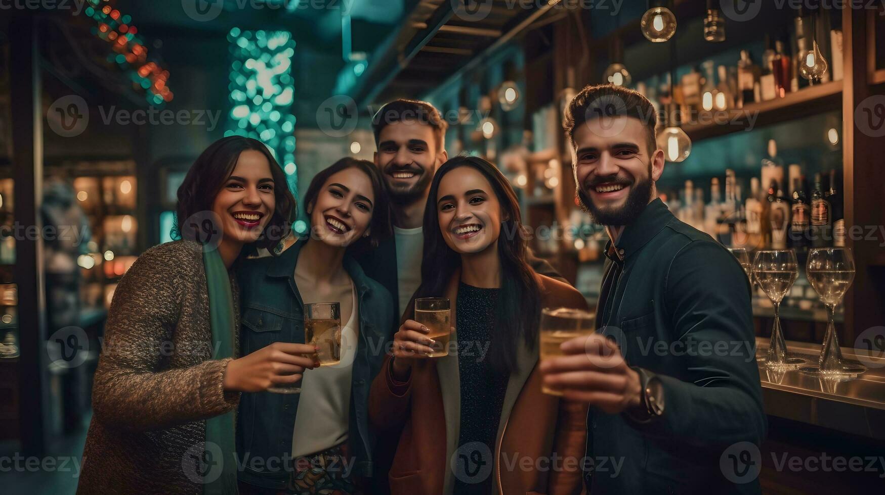 diverso grupo de amigos celebrando con bebidas foto