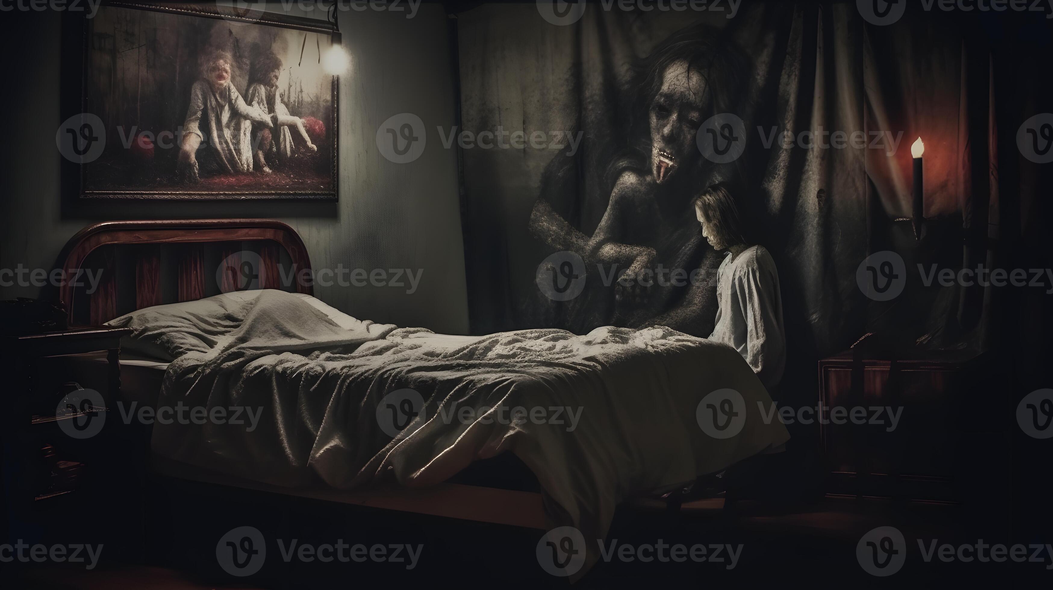 Nightmare monster comes into dark room bedroom Vector Image