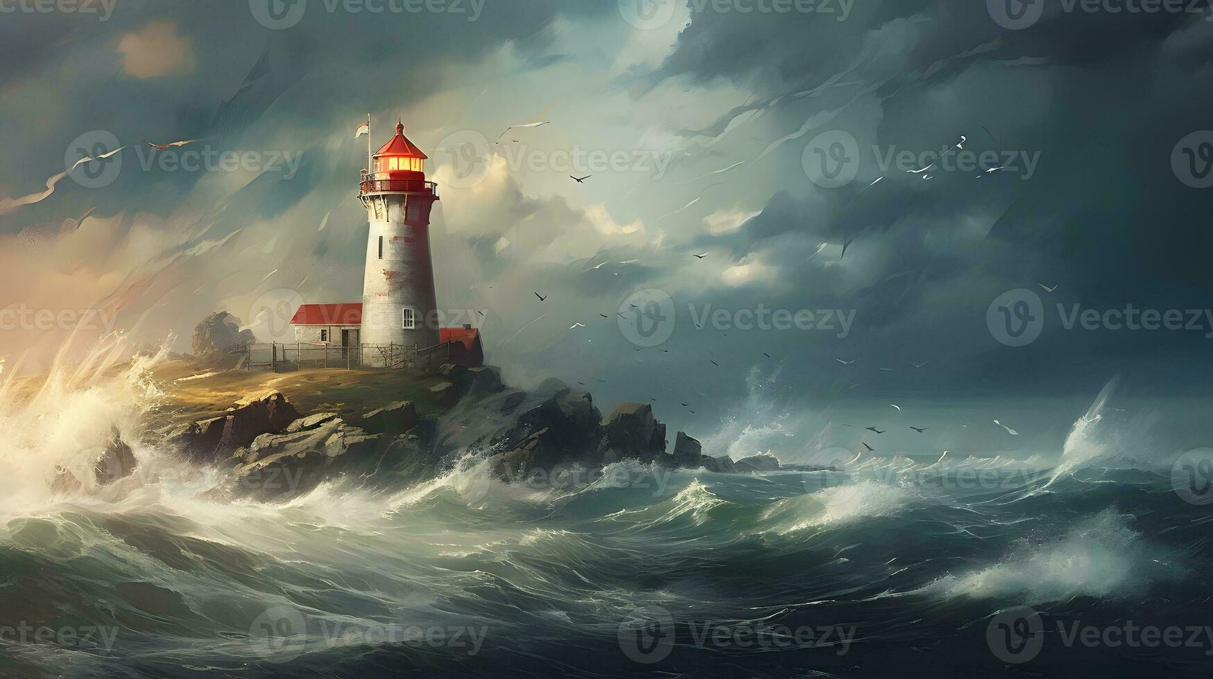 Spectacular lighthouse provide light during a large storm on the seashore. photo