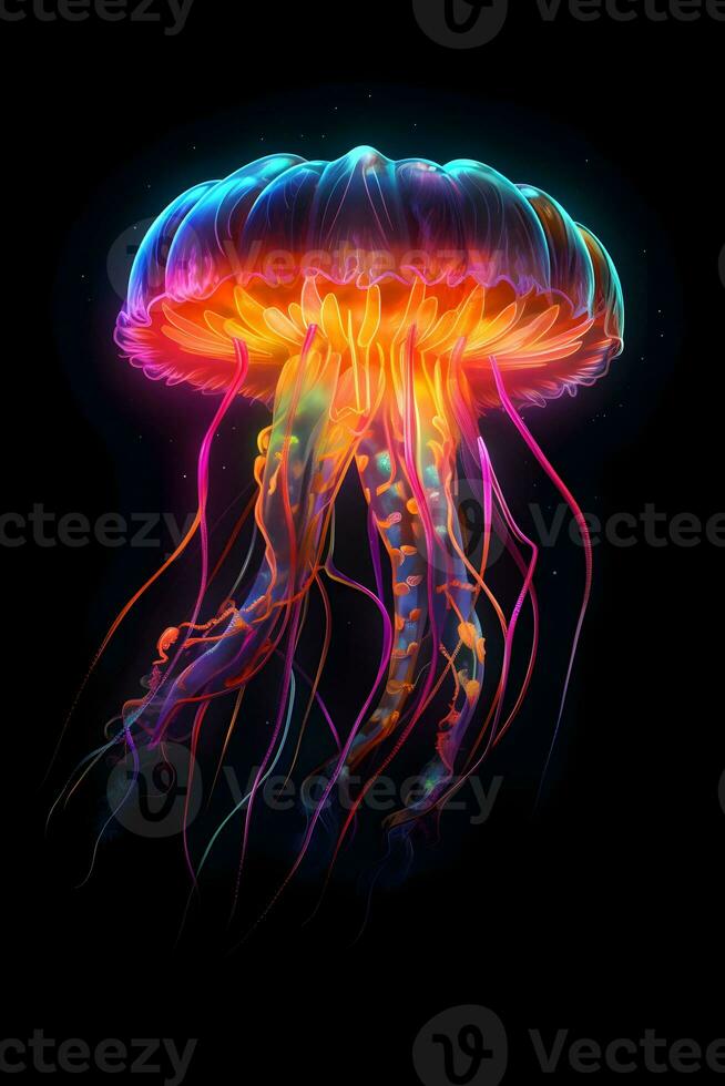 Glowing jellyfish swim deep in blue sea. Medusa neon jellyfish fantasy in space cosmos among stars photo