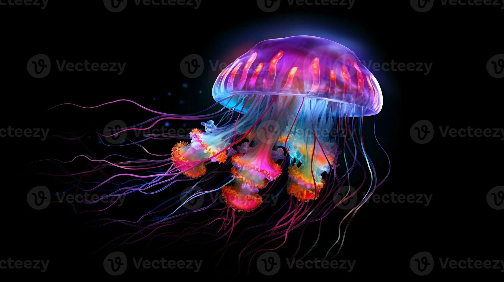 Glowing jellyfish swim deep in blue sea. Medusa neon jellyfish fantasy in space cosmos among stars photo