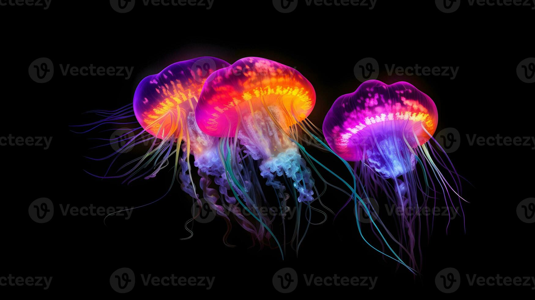 Glowing jellyfish swim deep in blue sea. Medusa neon jellyfish fantasy in space cosmos among stars photo