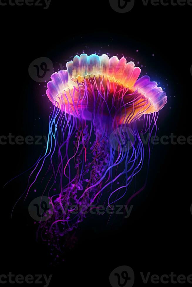 Glowing jellyfish swim deep in blue sea. Medusa neon jellyfish fantasy in space cosmos among stars photo