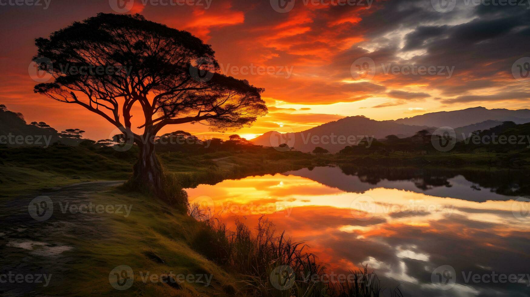 puesta de sol selva panorama, selva río con tropical vegetación en Colombia foto