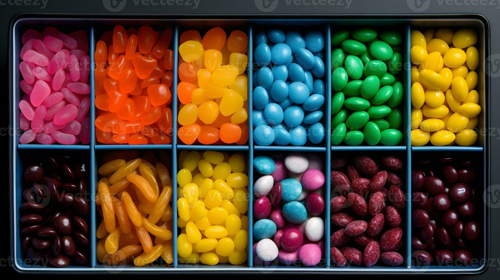 An assortment of different colored chewy candies in square trays. photo