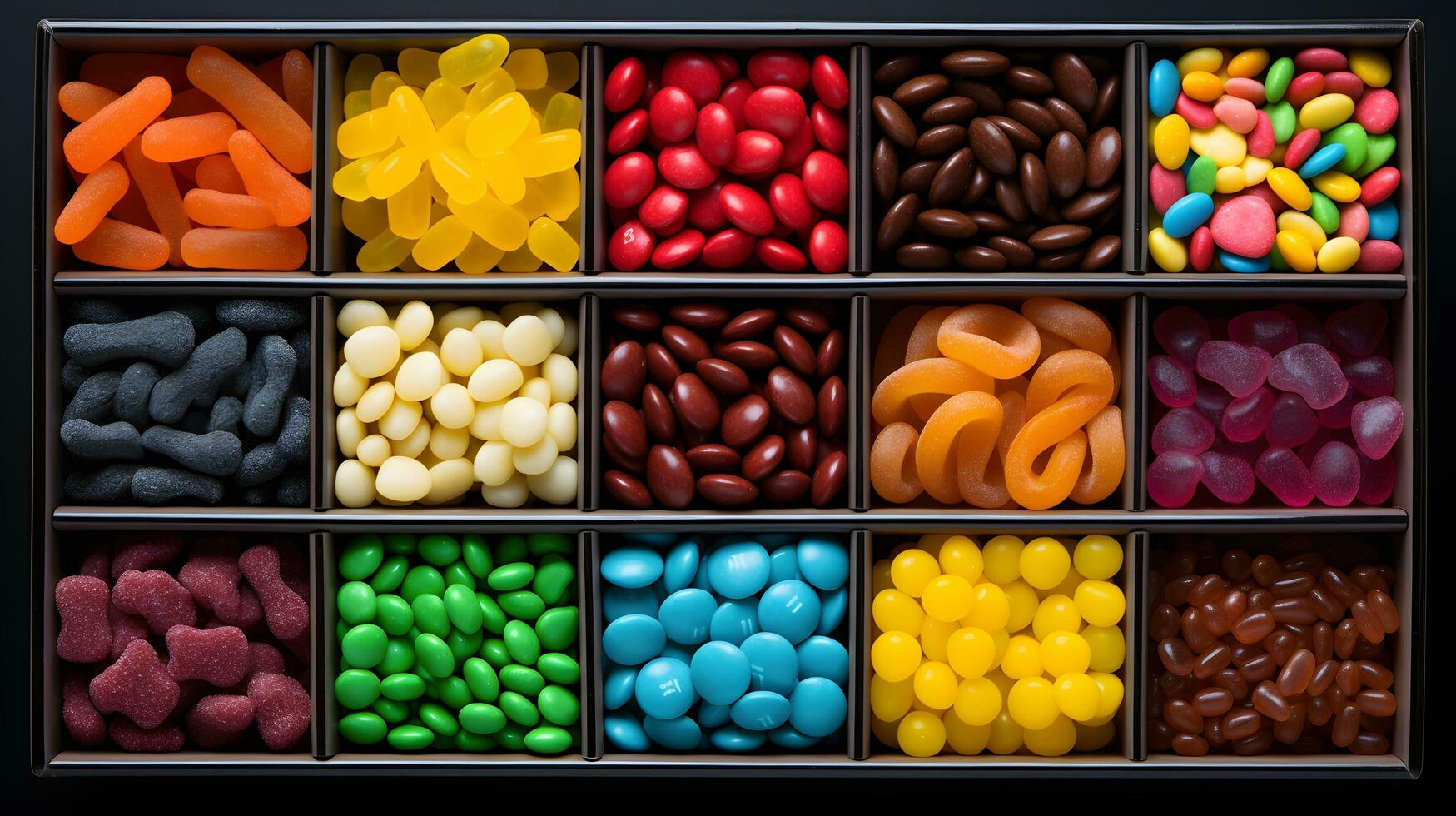 An assortment of different colored chewy candies in square trays. photo