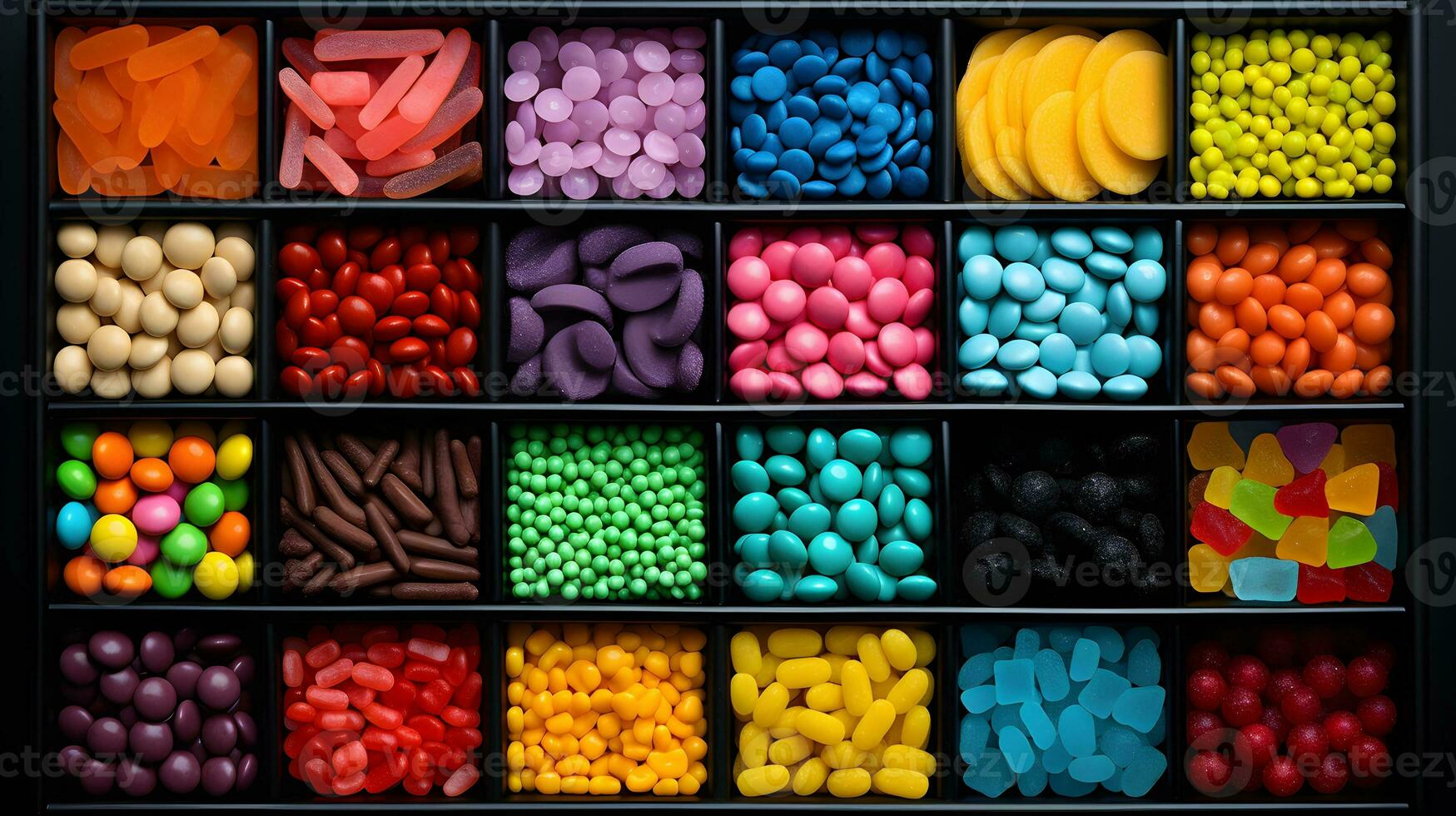 An assortment of different colored chewy candies in square trays. photo