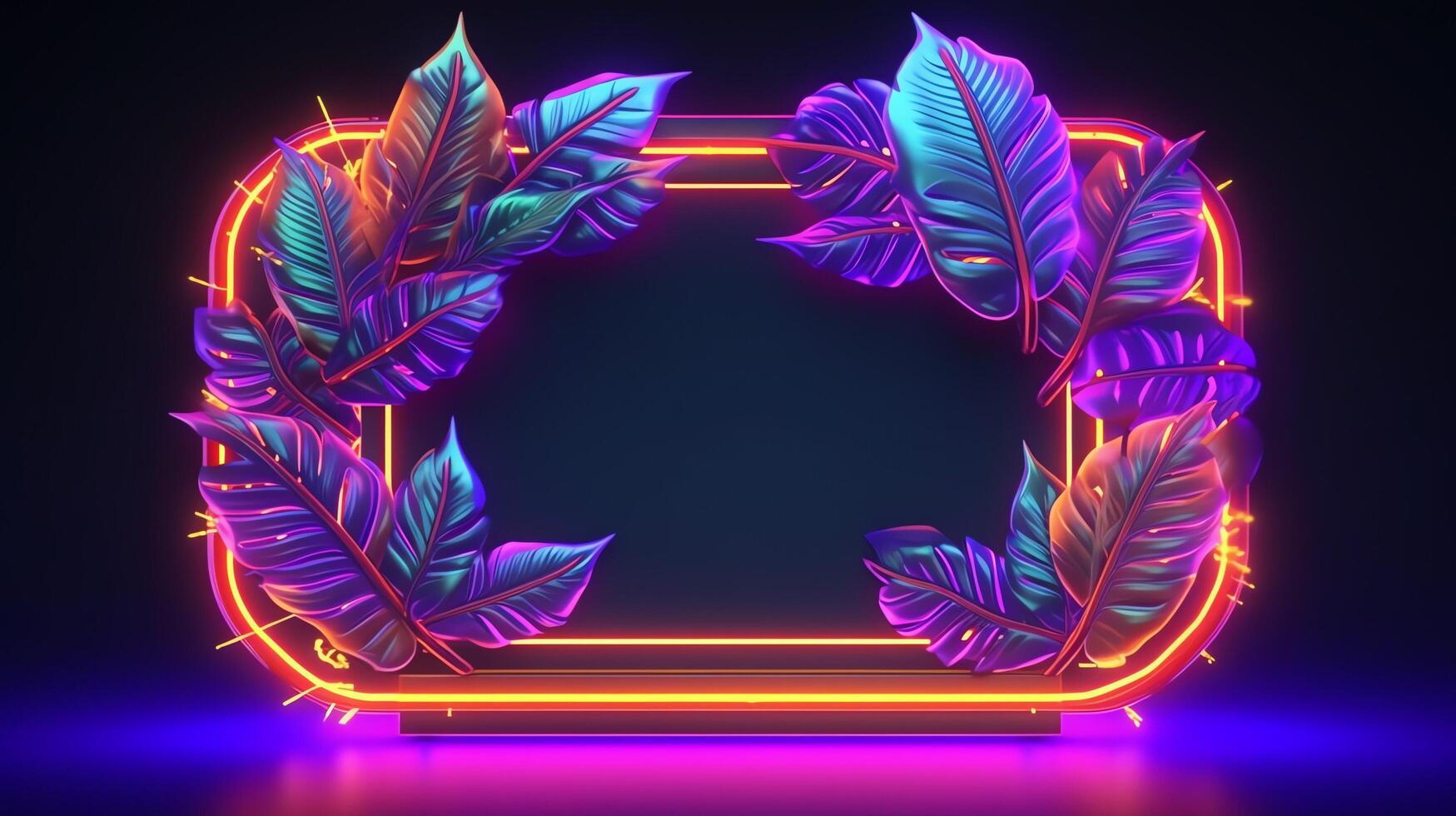 realistic leaves with neon frame background. photo
