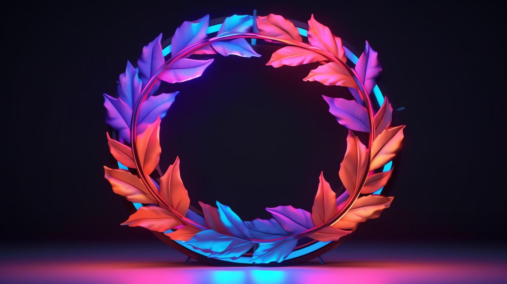 realistic leaves with neon frame background. photo