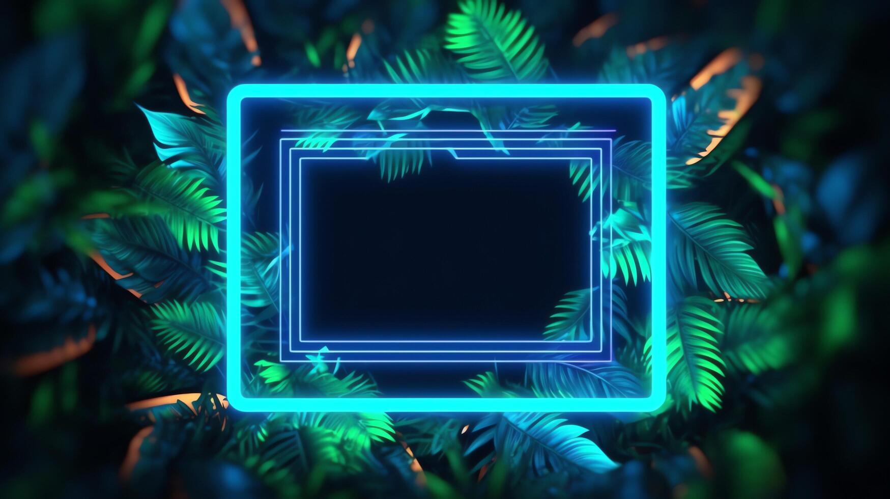 realistic leaves with neon frame background. photo