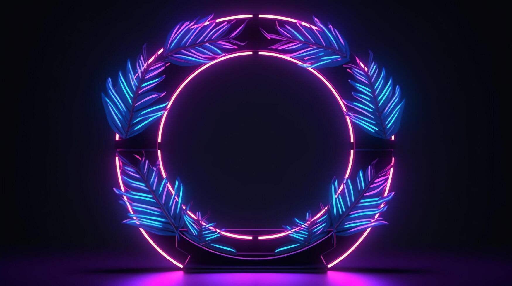 realistic leaves with neon frame background. ai generated photo