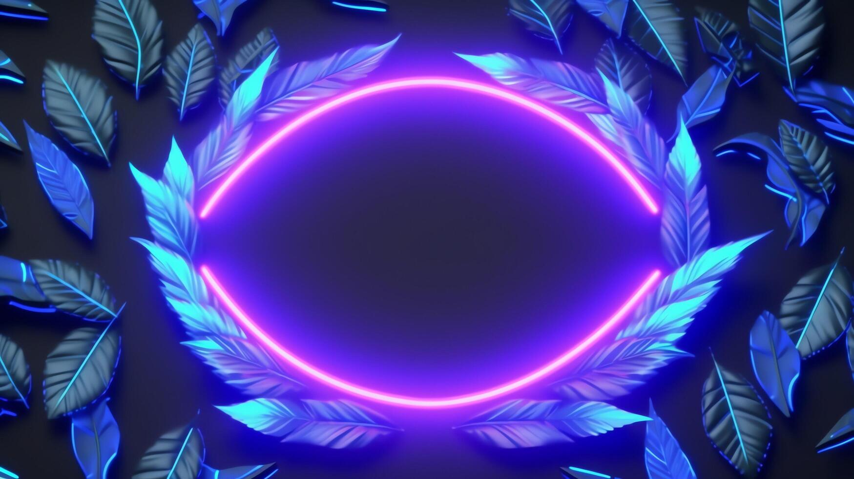 realistic leaves with neon frame background. photo