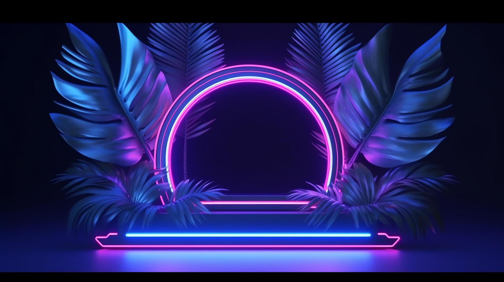 realistic leaves with neon frame background. photo