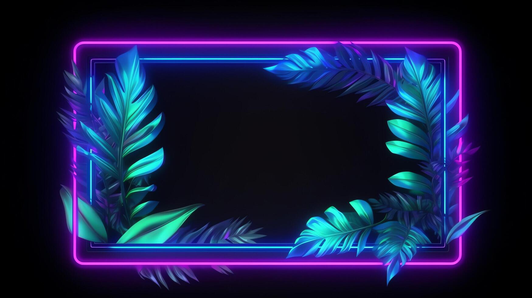 realistic leaves with neon frame background. photo