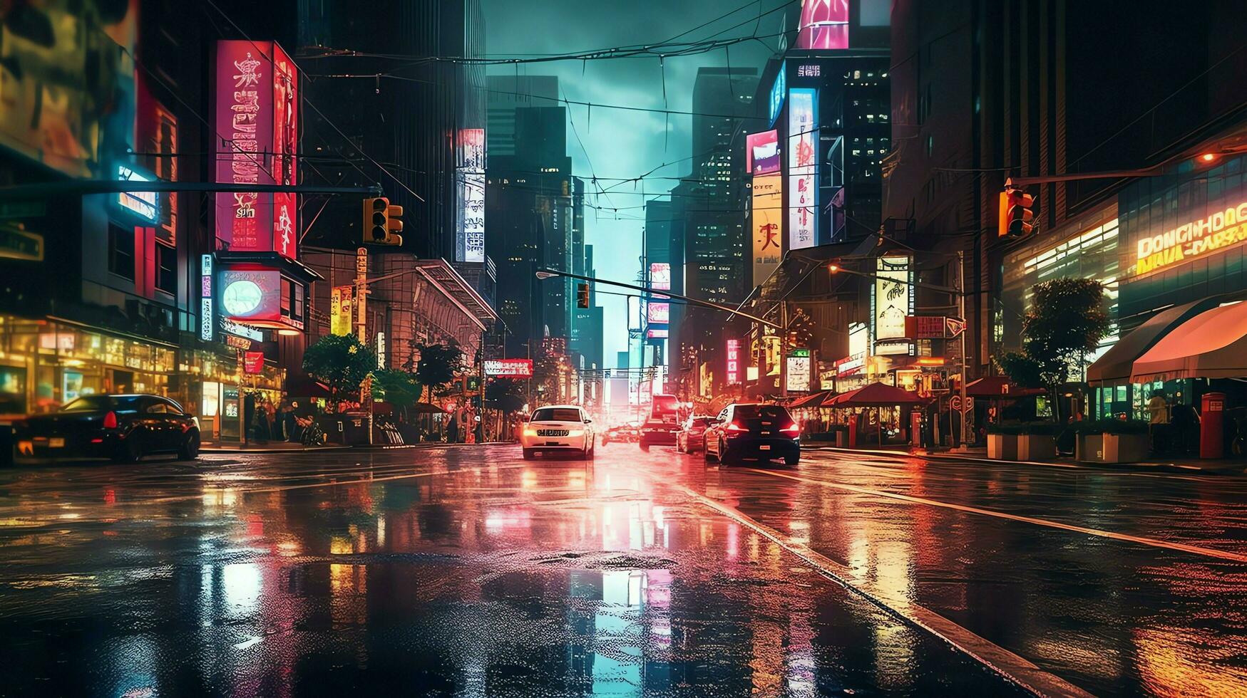 Cyber punk night city landscape concept. Light glowing on dark scene. Night life.Beyond generation and futuristic of Sci-Fi Capital city and building scene. ai generated photo