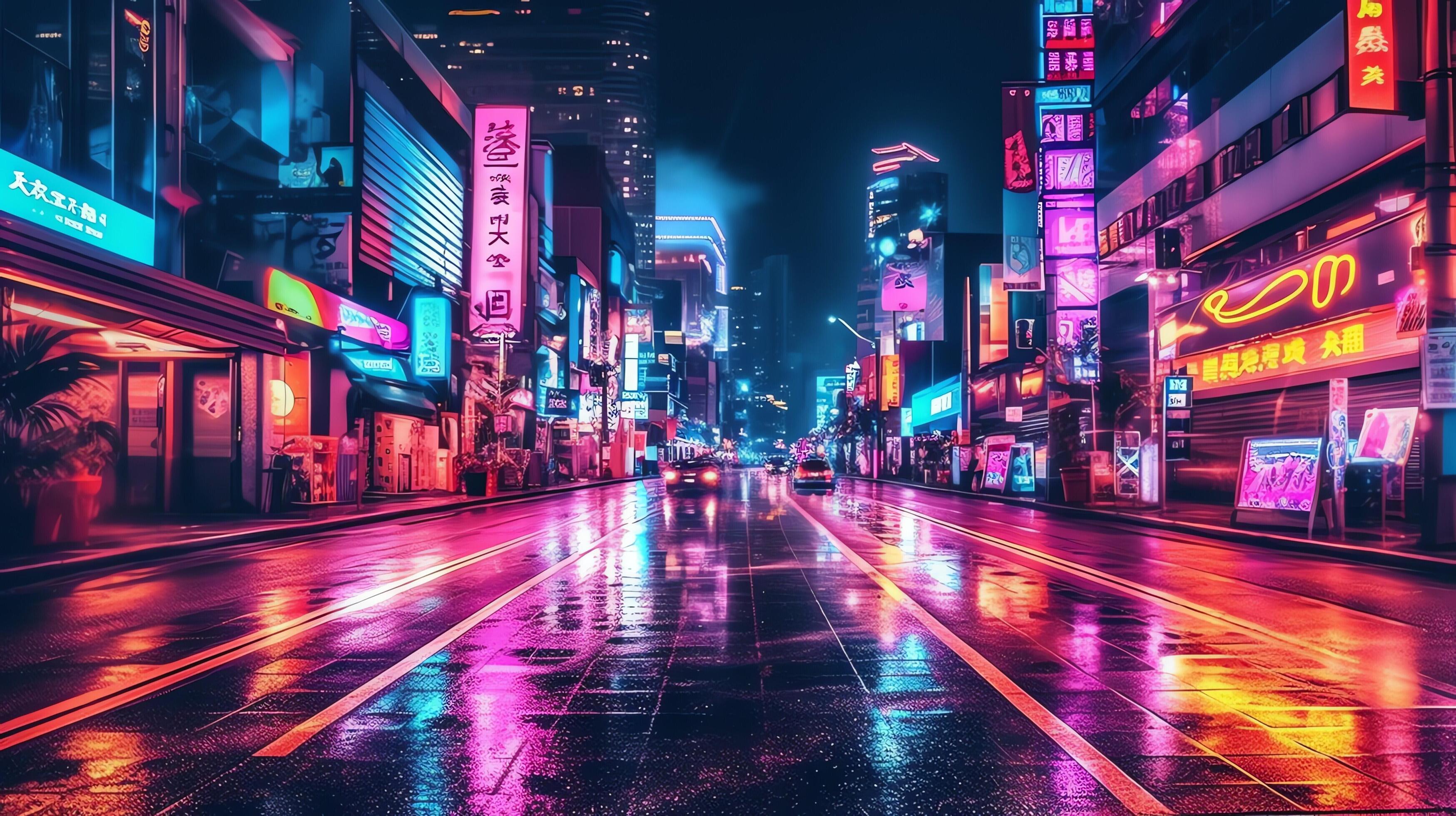 Night scene of after rain city in cyberpunk style, futuristic nostalgic  80s, 90s. Neon lights vibrant colors, photorealistic horizontal  illustration. ai generated 25938748 Stock Photo at Vecteezy