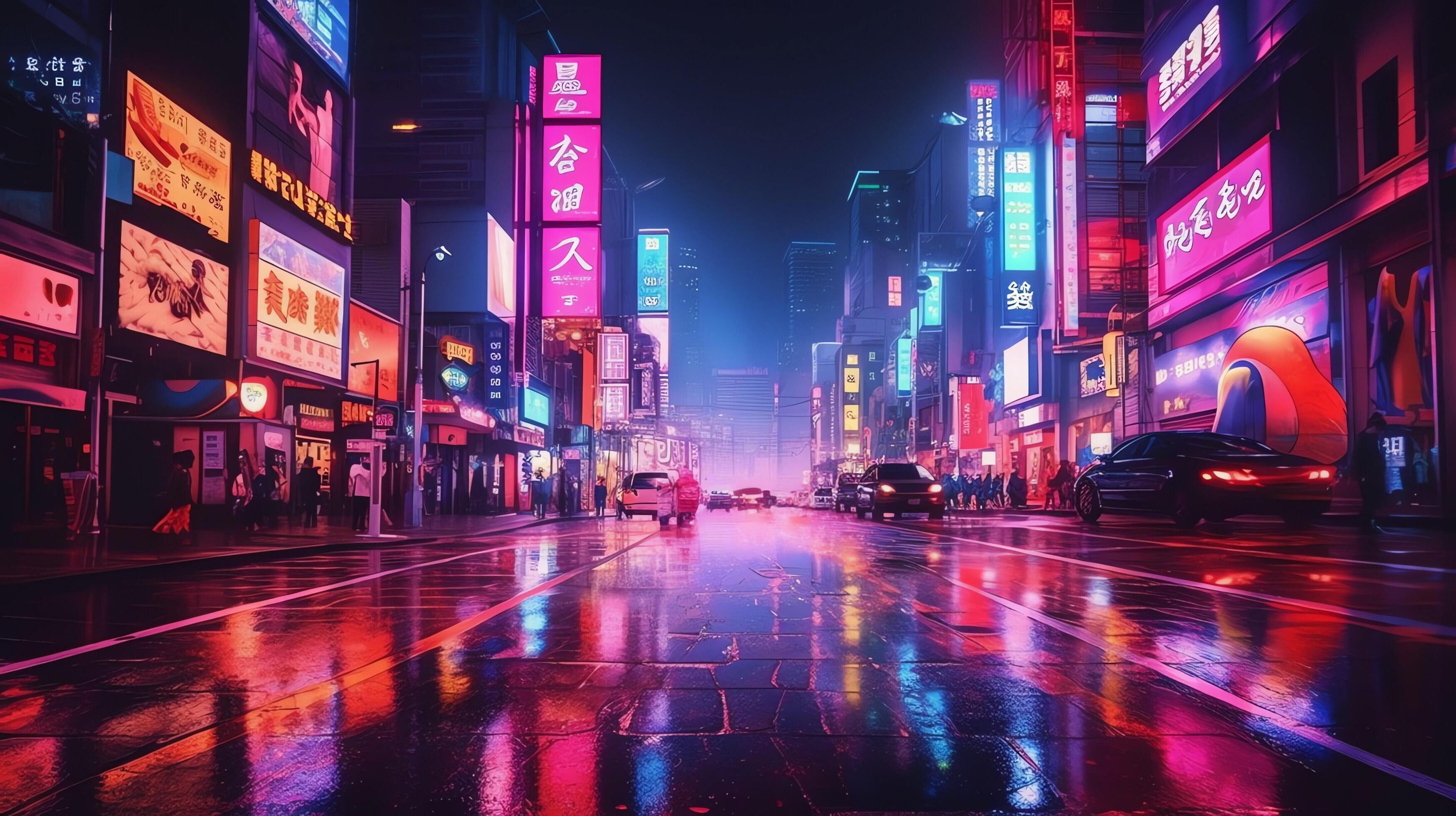 Night scene of after rain city in cyberpunk style, futuristic nostalgic ...