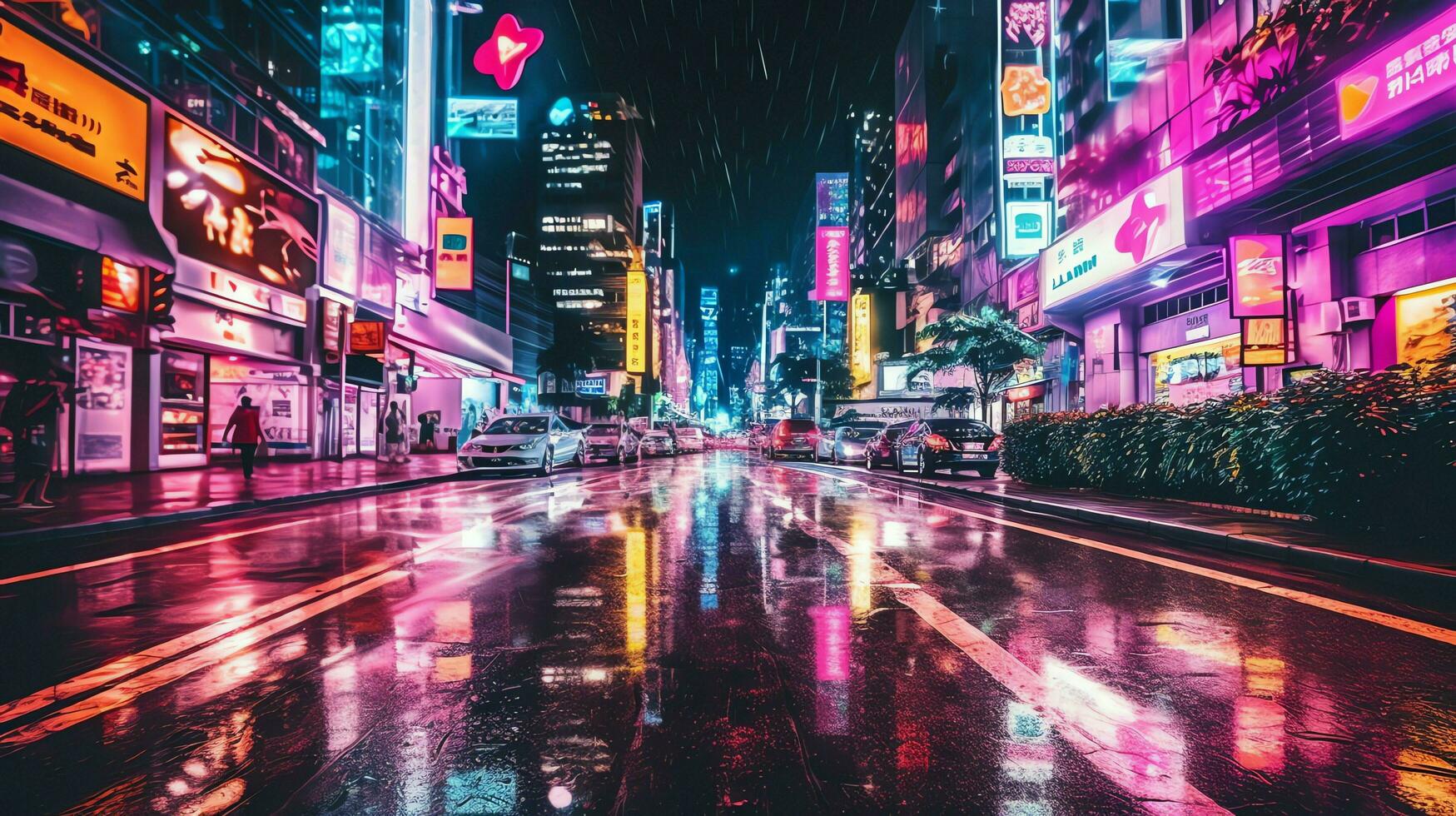 Night scene of after rain city in cyberpunk style, futuristic nostalgic 80s, 90s. Neon lights vibrant colors, photorealistic horizontal illustration. ai generated photo