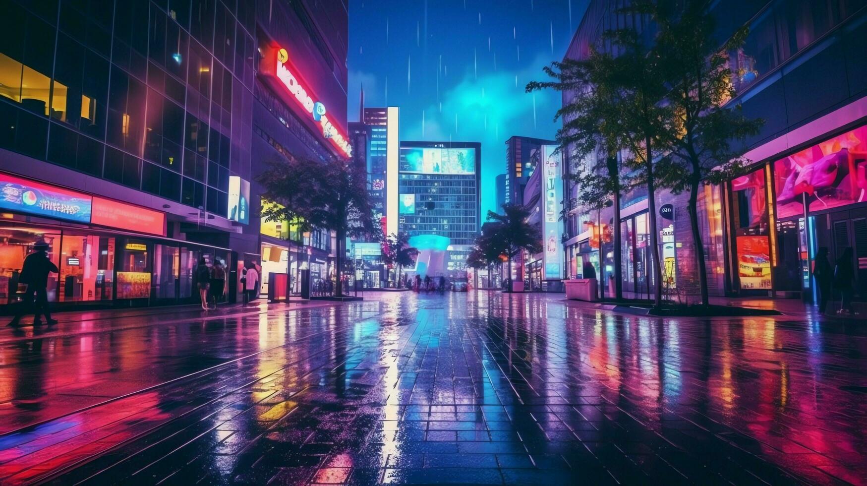 Night scene of after rain city in cyberpunk style, futuristic nostalgic 80s, 90s. Neon lights vibrant colors, photorealistic horizontal illustration. ai generated photo