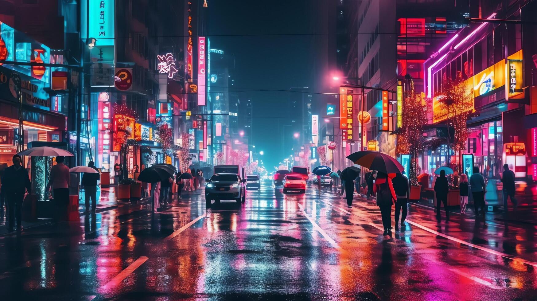 Night scene of after rain city in cyberpunk style, futuristic nostalgic 80s, 90s. Neon lights vibrant colors, photorealistic horizontal illustration. ai generated photo