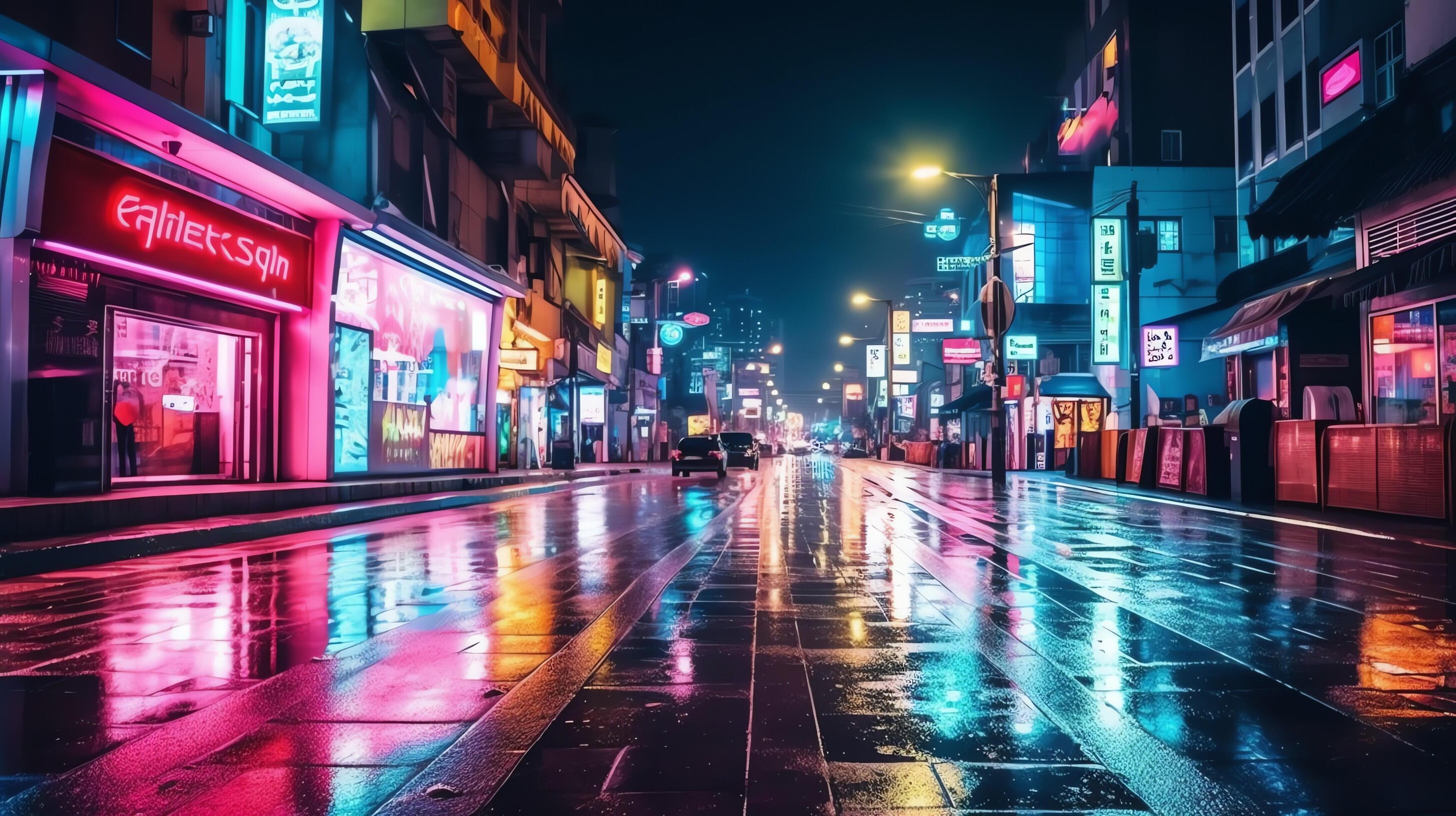 Night scene of after rain city in cyberpunk style, futuristic nostalgic ...