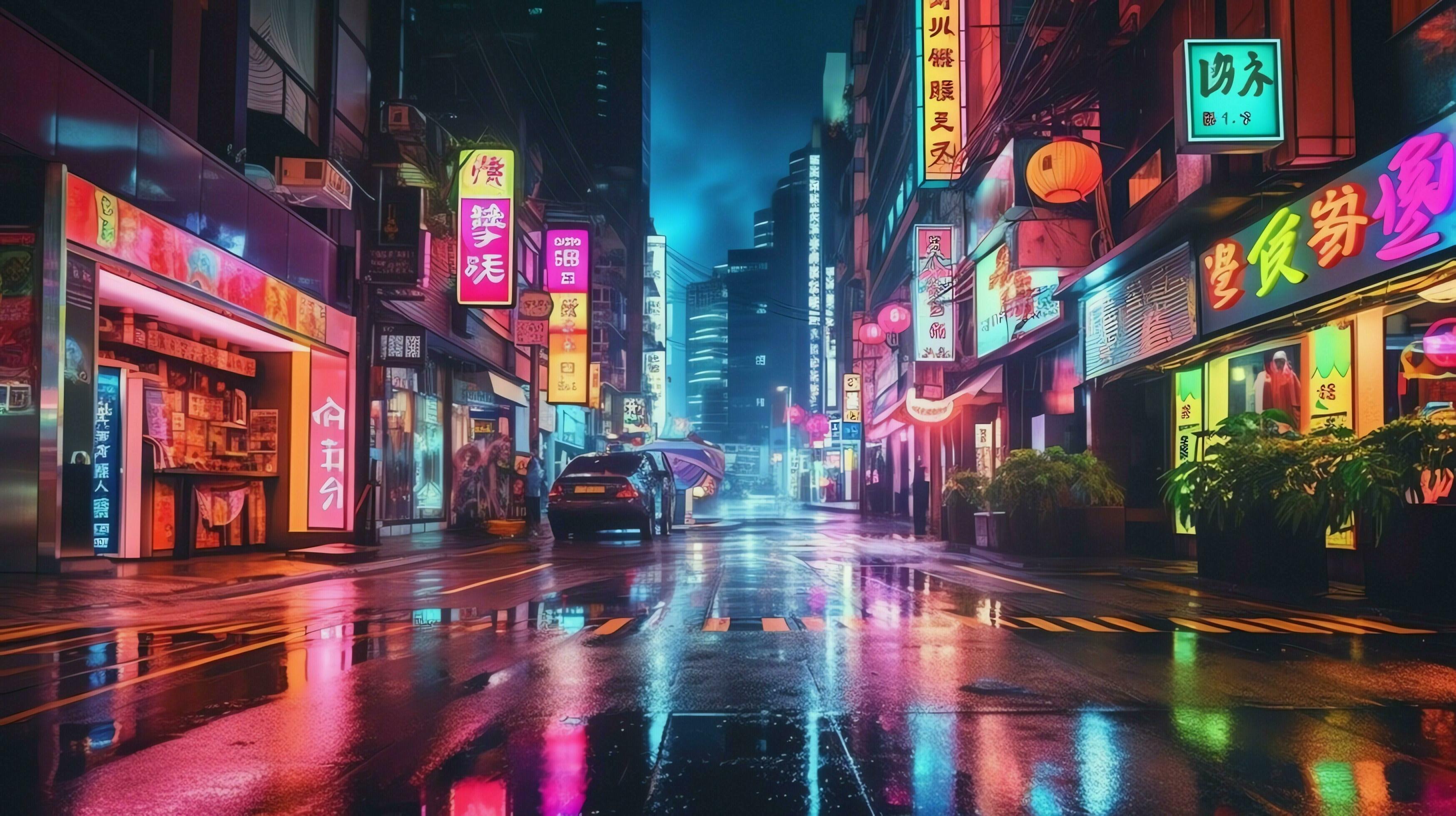 Night scene of after rain city in cyberpunk style, futuristic nostalgic  80s, 90s. Neon lights vibrant colors, photorealistic horizontal  illustration. ai generated 25938748 Stock Photo at Vecteezy