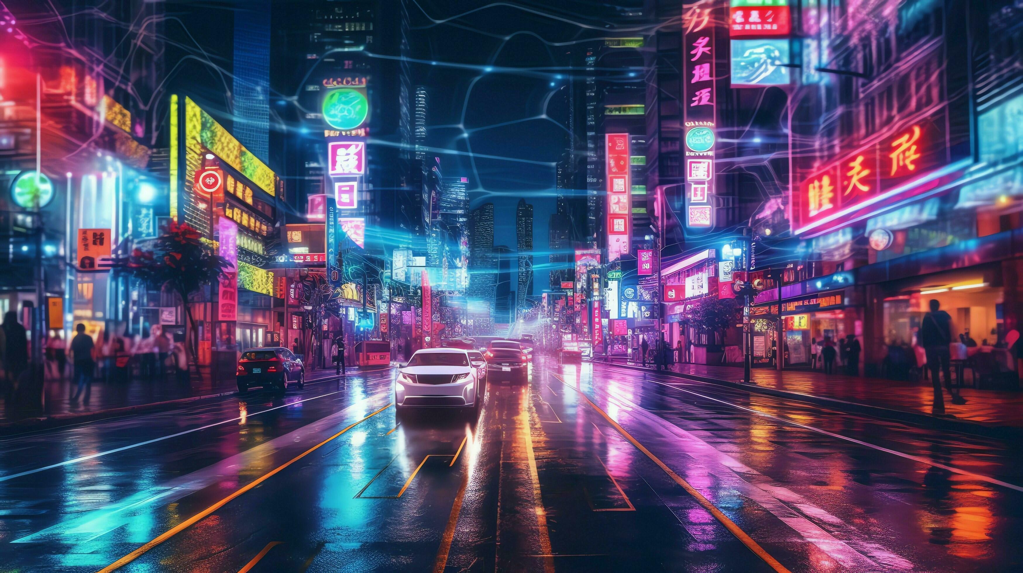 Night scene of after rain city in cyberpunk style, futuristic nostalgic  80s, 90s. Neon lights vibrant colors, photorealistic horizontal  illustration. ai generated 25938748 Stock Photo at Vecteezy