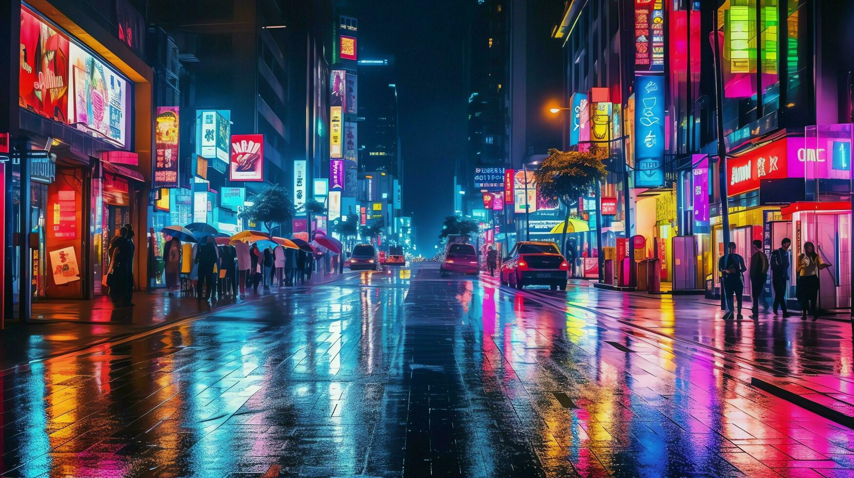 Night scene of after rain city in cyberpunk style, futuristic nostalgic 80s, 90s. Neon lights vibrant colors, photorealistic horizontal illustration. ai generated photo
