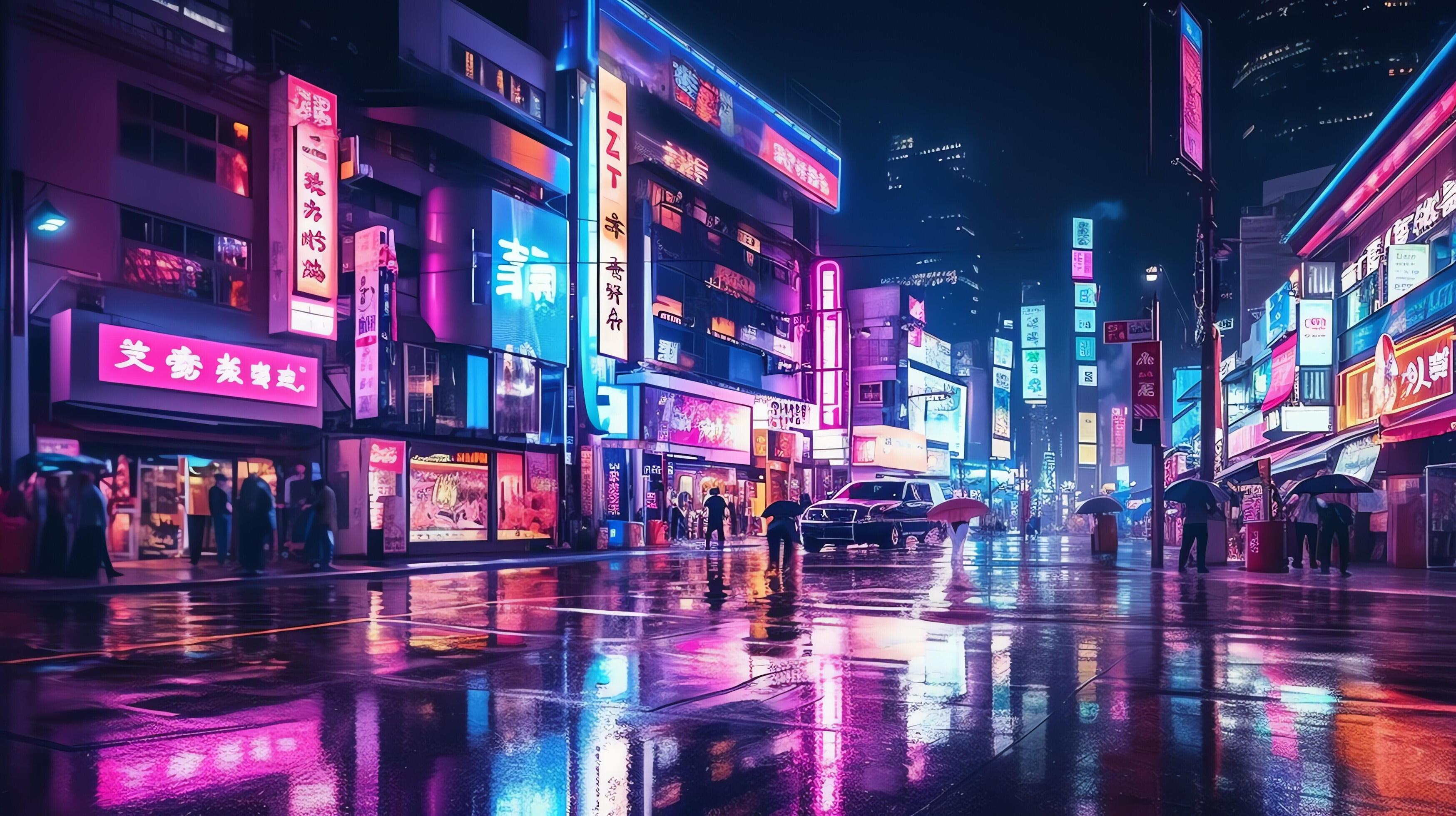 Night scene of after rain city in cyberpunk style, futuristic nostalgic ...