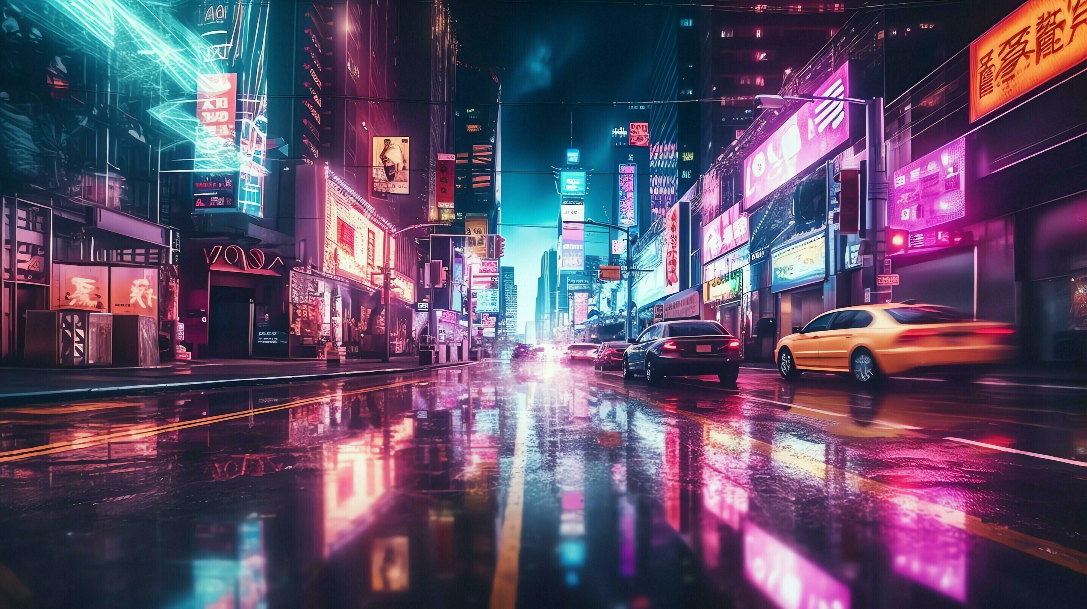 Night scene of after rain city in cyberpunk style, futuristic nostalgic  80s, 90s. Neon lights vibrant colors, photorealistic horizontal  illustration. ai generated 25938784 Stock Photo at Vecteezy