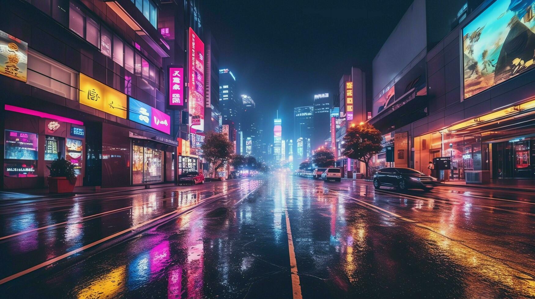 Night scene of after rain city in cyberpunk style, futuristic nostalgic 80s, 90s. Neon lights vibrant colors, photorealistic horizontal illustration. ai generated photo