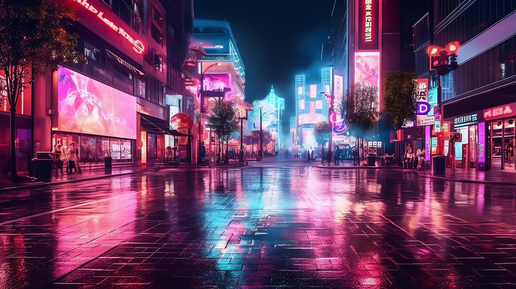 Night scene of after rain city in cyberpunk style, futuristic nostalgic  80s, 90s. Neon lights vibrant colors, photorealistic horizontal  illustration. ai generated 25938748 Stock Photo at Vecteezy